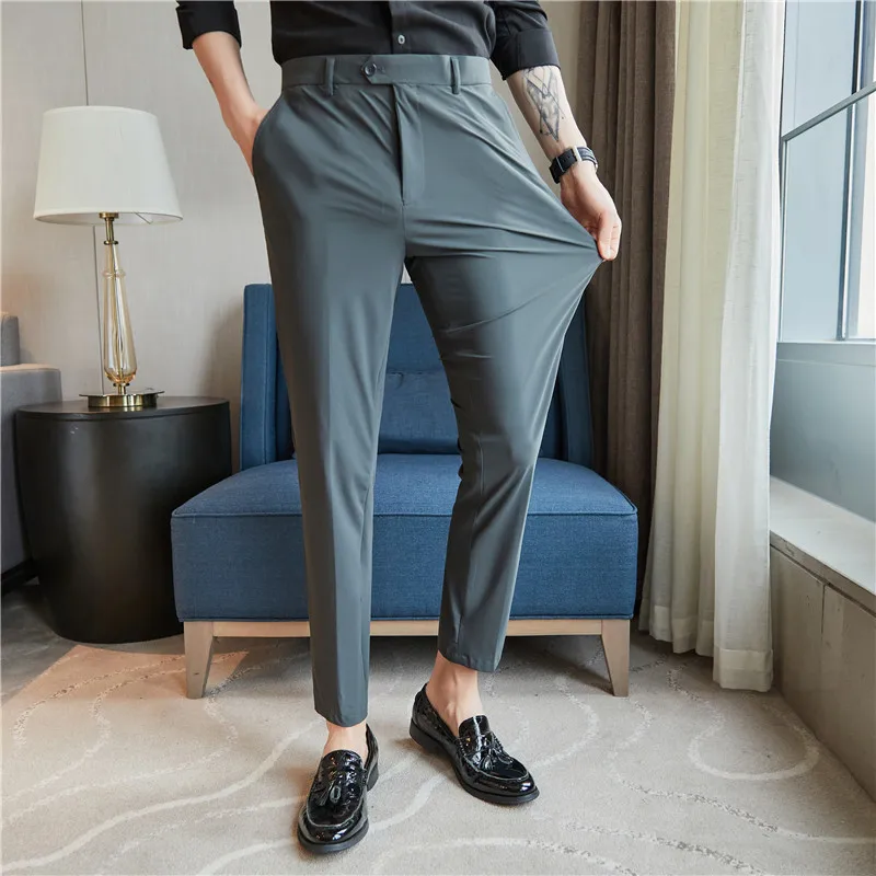 Summer High Elastic Ice Silk Trousers for Men Business Dress Pants Casual Slim Office Social Suit Pants Streetwear Costume Homme