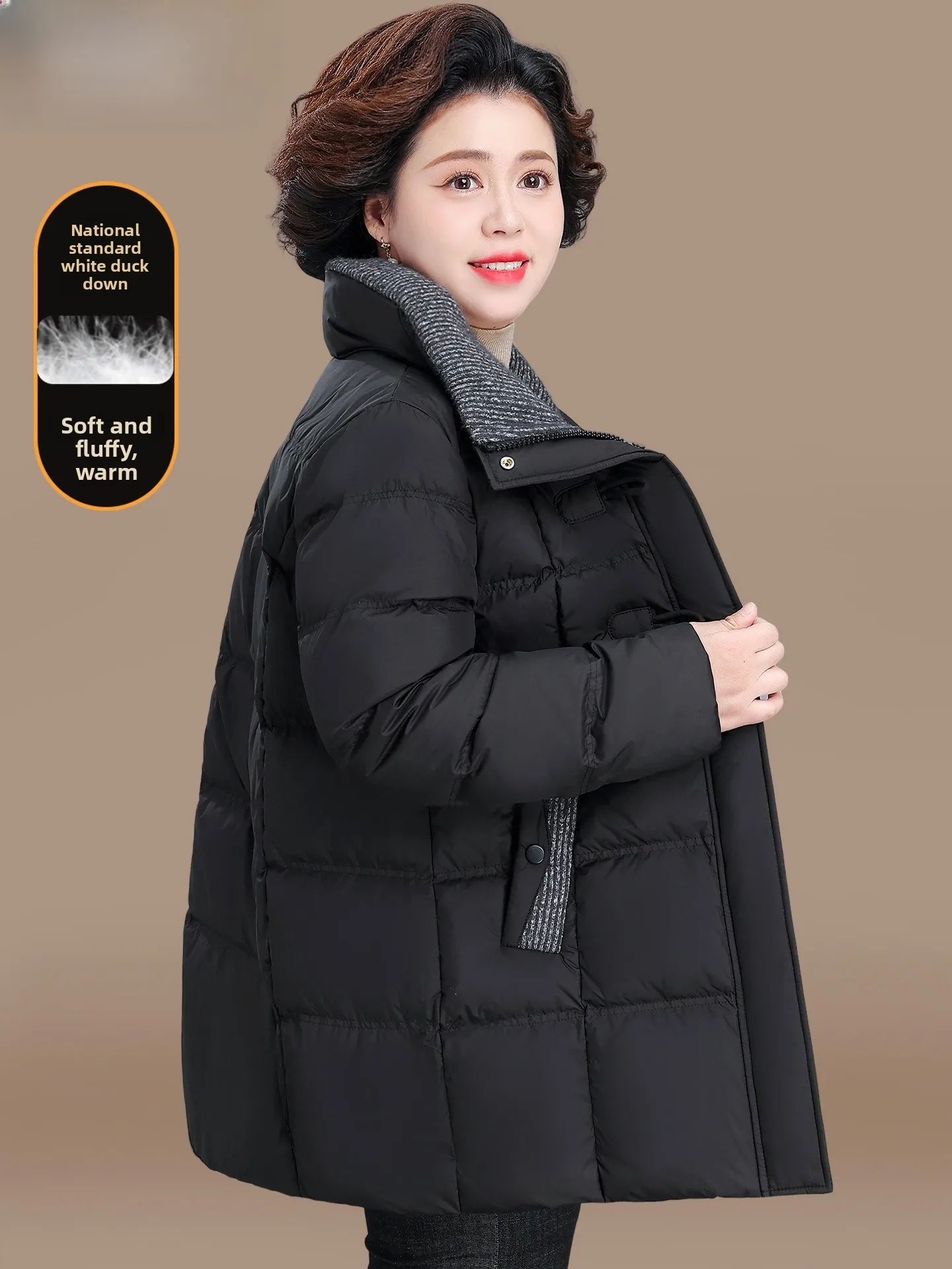 

Теплое белое пуховое пальто средней длины для женщин среднего возраста, модное зимнее, из полиэфирного волокна, свободного кроя, с воротником-стойкой