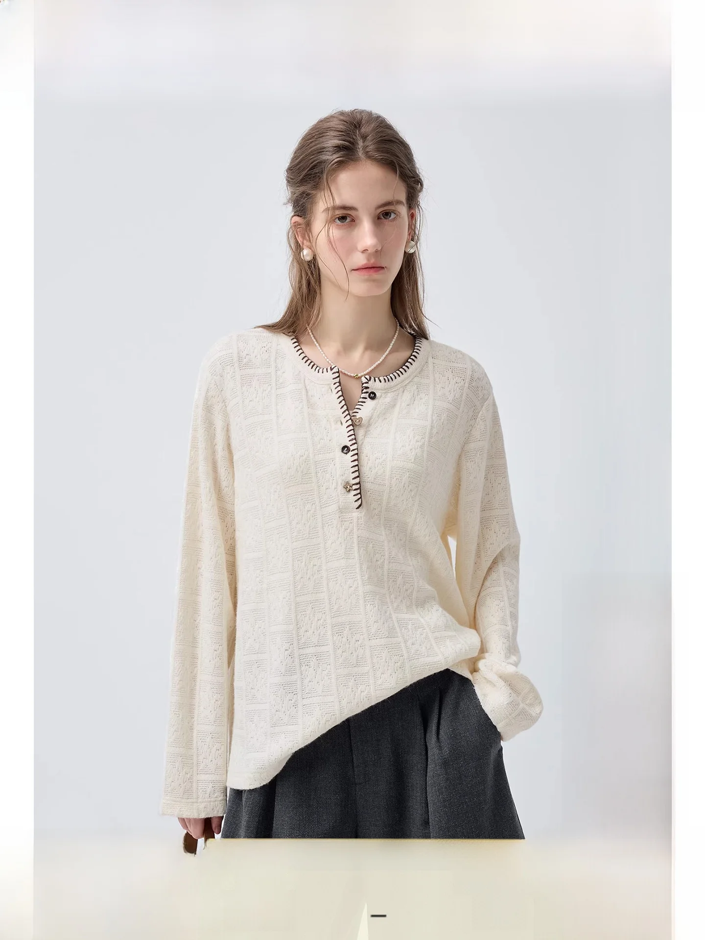 

plus Size Knitted Top Casual Shoulder Lazy T-Shirt Spring New Style for Plump Women Comfortable Breathable Long Sleeve round ...