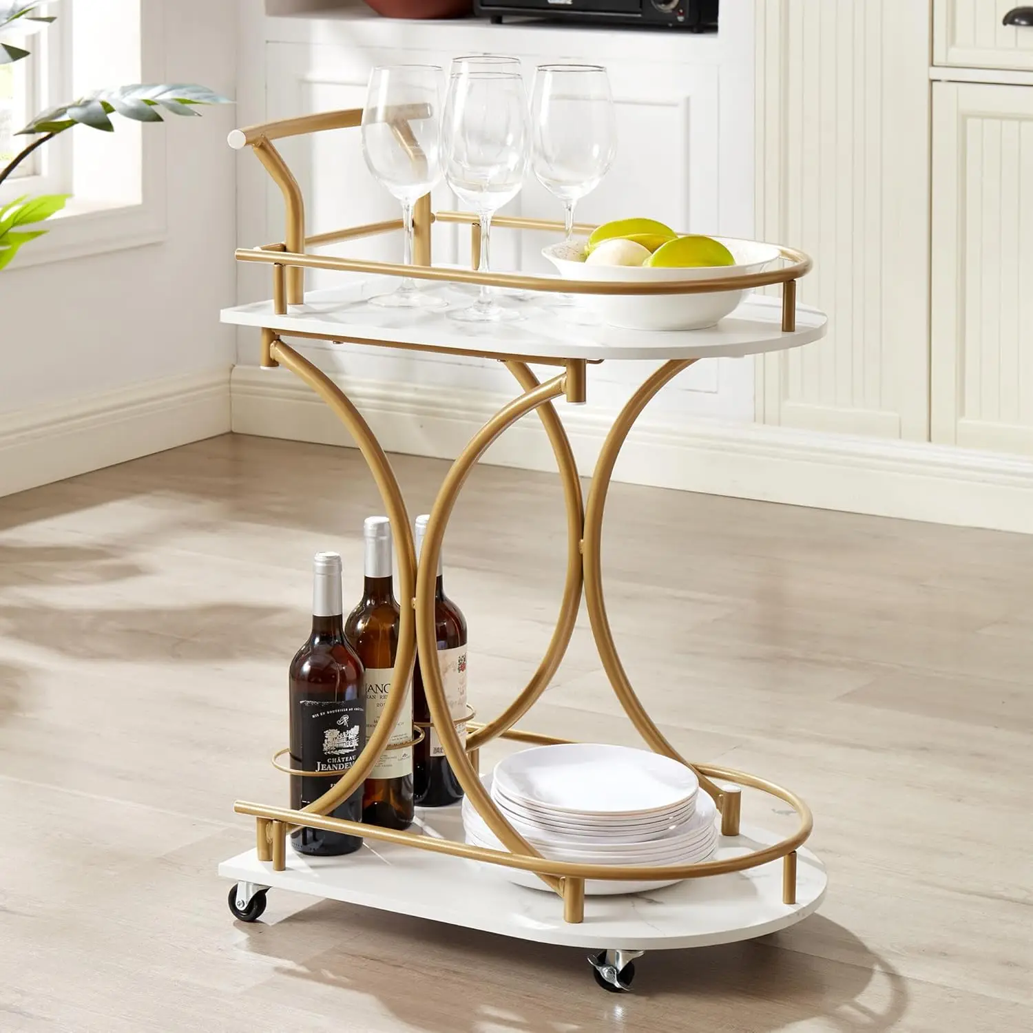 Mikibama Modern Bar Cart With Wine Rack For The Home Portable Mini Bar Table For Living Room Golden Metal Wooden Small Serving