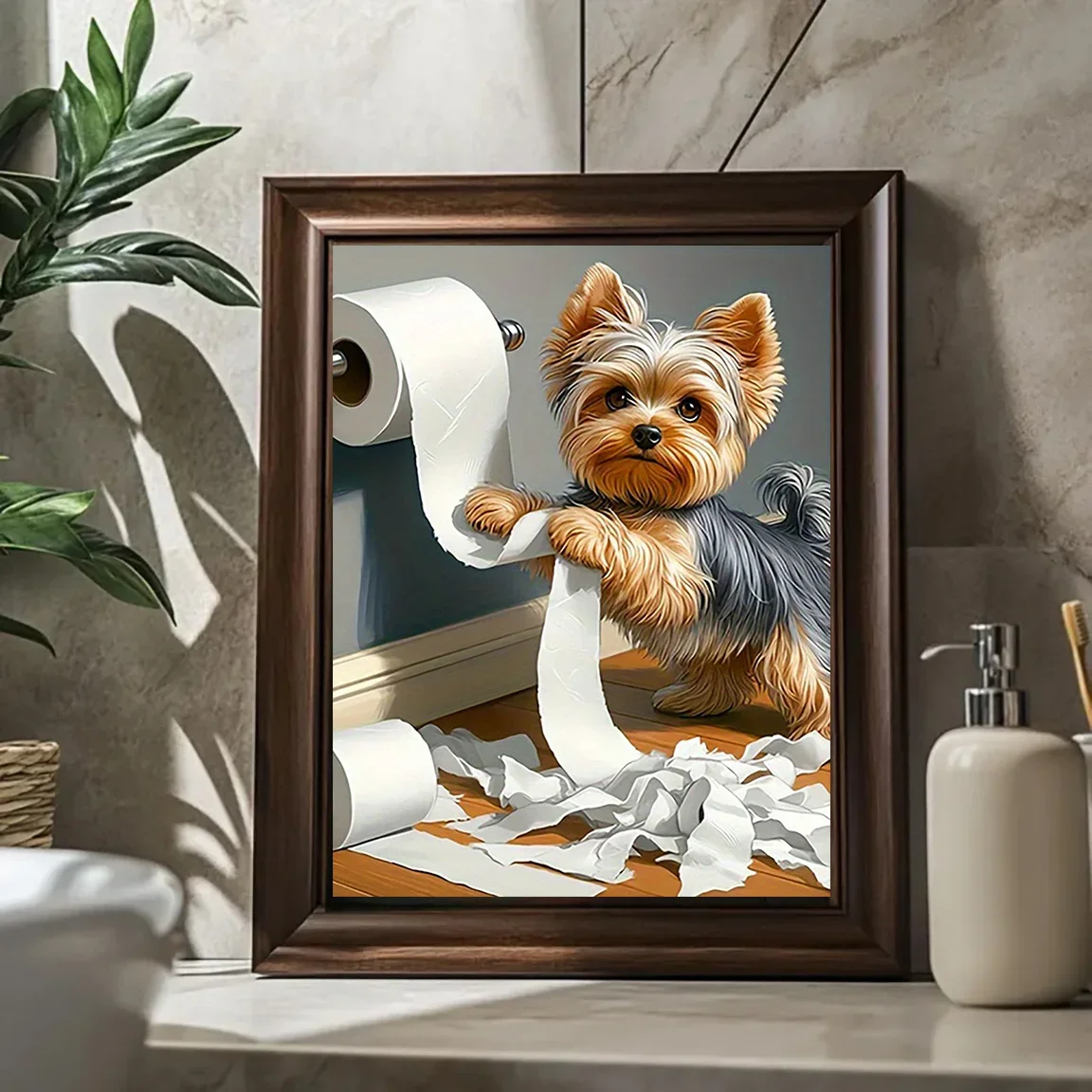 Frameless Canvas Painting Frameless, Yorkshire Dog In Bathroom Wall Art, Funny Canvas Painting Wall Decor, Home Bedroom Kitchen