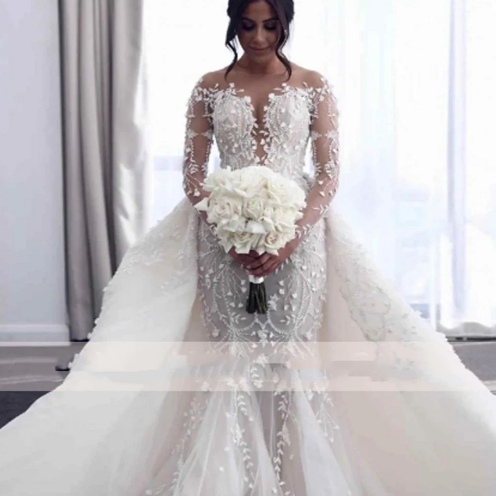 Flavinke Customized Charming Mermaid Wedding Dresses Detachable Train Lace Gowns V-Neck Long Sleeves Elegant Women Bride Dresses