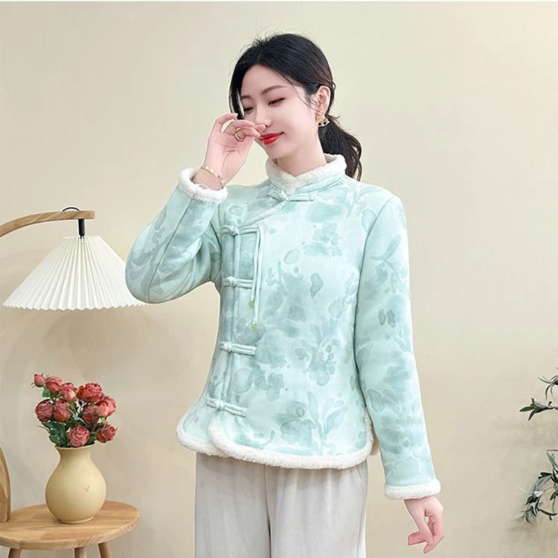 

Winter New Chinese Vintage Button Cotton-Padded Jacket Women's Thick Warm Parka Fashion Slim Plus velvet Printed Cotton Jacket
