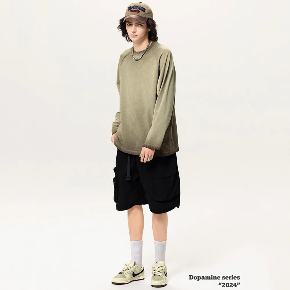 

Trendy Brand New 270G Pure Cotton Heavyweight Long Sleeved T-shirt Men Loose High Street Solid Color O-neck Pullover Top