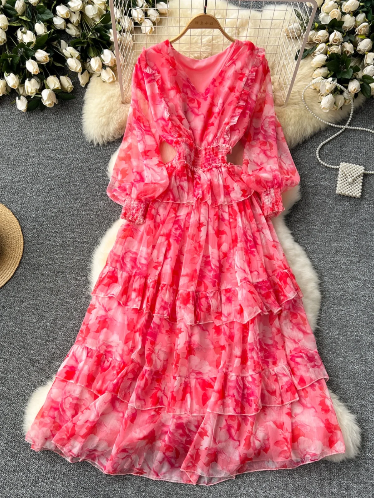 Summer Long Chiffon Dress for Women Bohemian Ruffle Stitching Layered Female Vestios Full Sleeve Ruffle New In 2024 Chic