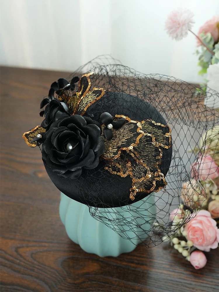 

French Style Mini Fascinator Hat with Face Veil for Women White Black Classic Satin Sequined Flower Headpiece Bride Fascinators