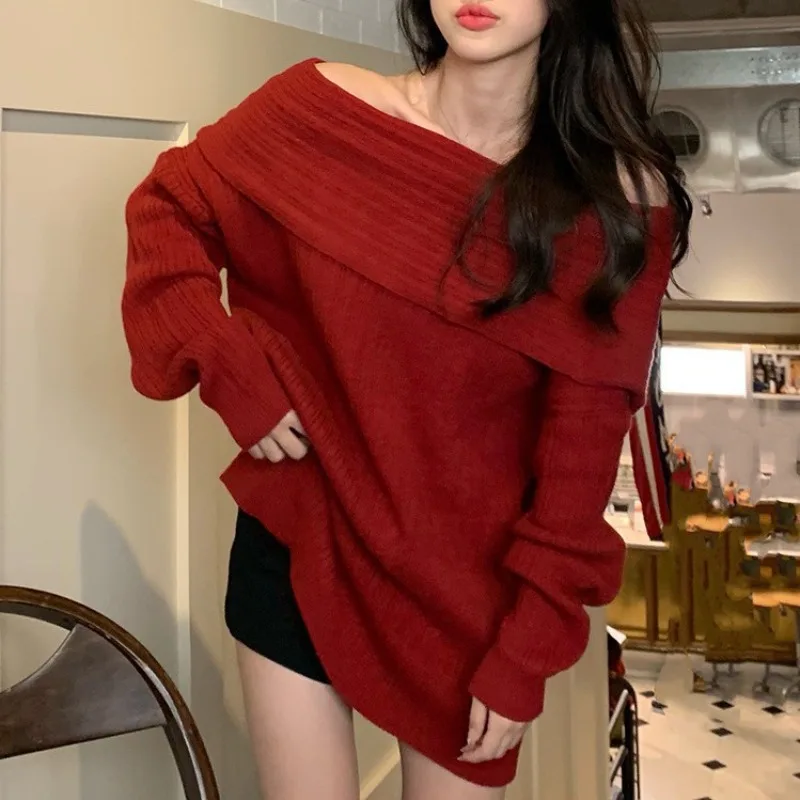 

Autumn Winter Sexy One-shoulder Knitted Sweater Women Korean Fashion Y2k Long Sleeve Strapless Christmas Knitwear Pullover Tops