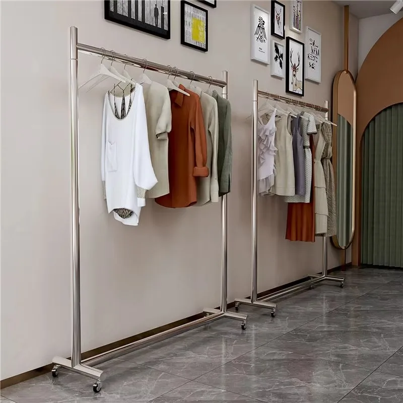 

Movable Home Coat Racks Nordic Stainless Steel Rack Clothing Store Display Rack Hanging Clothes Rack Brushed Silver with Wheels