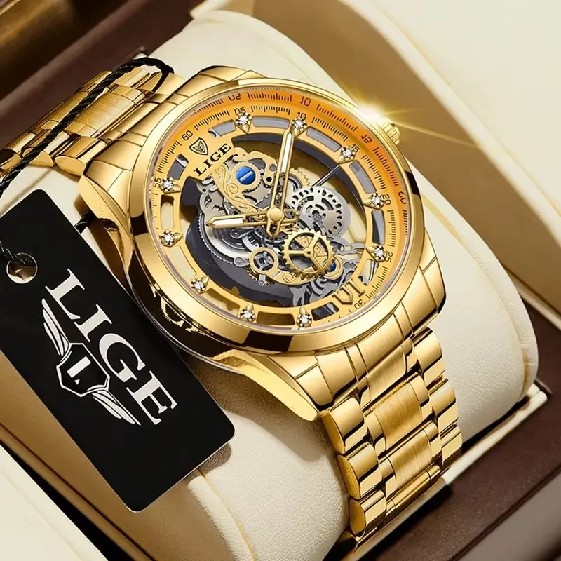 LIGE الرجال الهيكل العظمي الذهبي كوارتز ساعات المعصم الفاخرة الإبداعية تصميم جوفاء ساعات رجالي الأعمال الفولاذ المقاوم للصدأ ساعة مضيئة