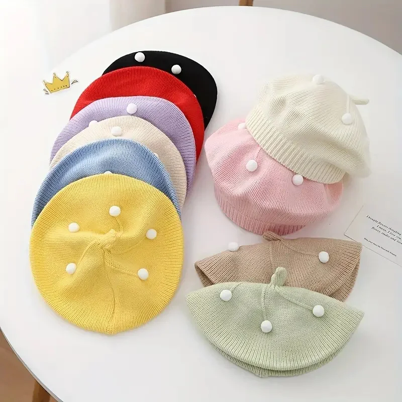 ベビーベレー帽 ストレッチニット かわいい装飾付き 軽量 暖かい 冬 秋 新生児 幼児用