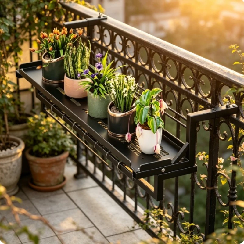 Iron Hanging Plant Shelf, Balcony Rail Flower Pot Holder for Window & Fence, Succulent Display Rack with Chain Hangers Use