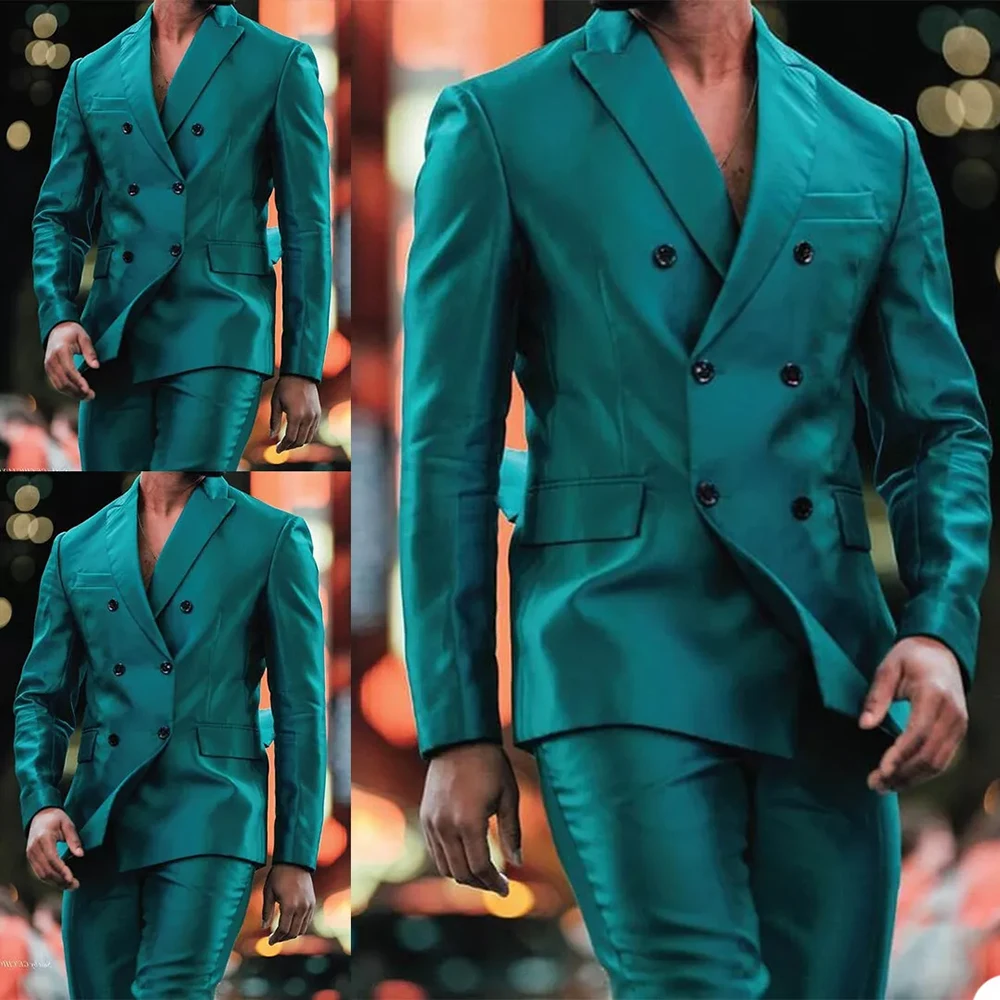 

Double Breasted Green Men Suits Regular Length Peak Lapel High Quality Male Clothing 2 Piece Jacket Pants Prom Party Outfits