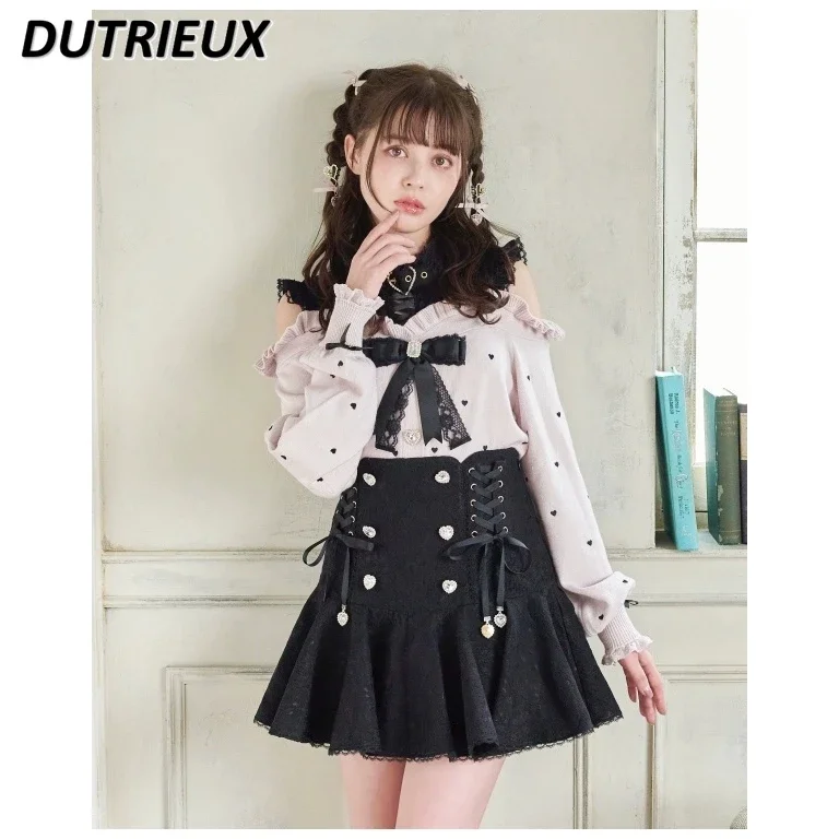 Japanese Style Three-dimensional Lace Casual High Waist Skirts for Women Double-breasted Strap Bow Ladies Lolita Skirt Summer