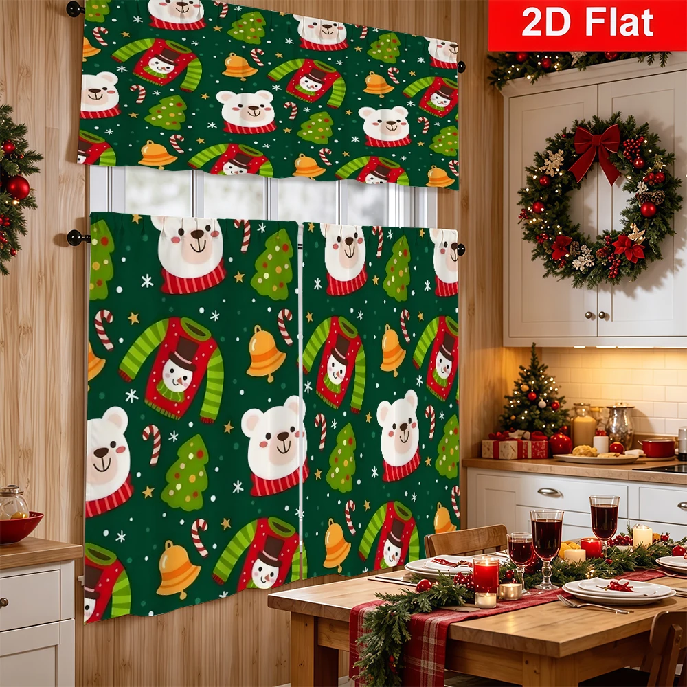 Christmas Kitchen Curtains, Polar Bear Snowman Sweater, Digital Print, Kitchen Dining Room, Rod Pocket Polyester, Home Decor