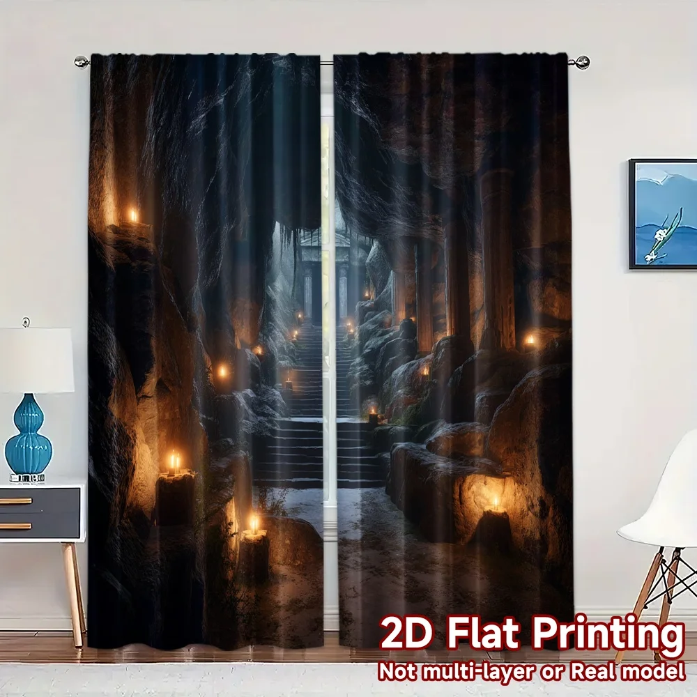 2pcs, 2D FLAT PRINTING Curtains (Without Rod) Ancient Cavern Modern Curtains Versatile 100% Polyester Curtains Decorations