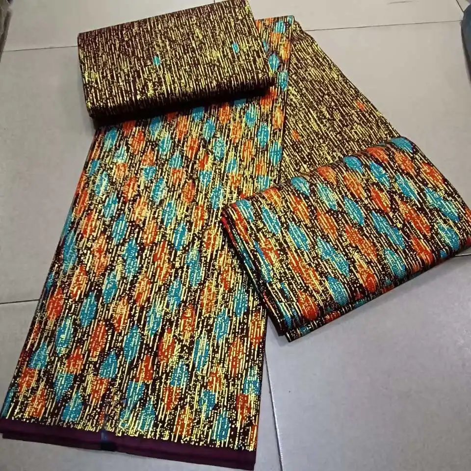 2024 2+4 Yards African Wax Fabric Gold Foil Sewing Material 6 Yards 100% Cotton High Quality For Dress Bag Ghana Hot Sales