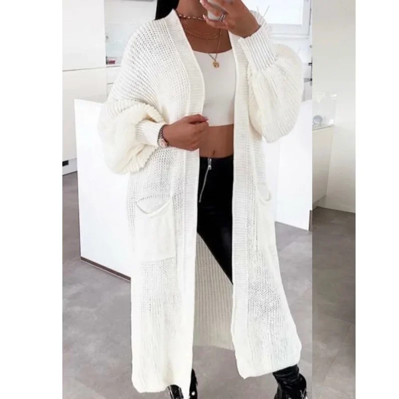 Fall Winter Women's Clothing Solid Knitwear Elegant Lantern Sleeve Pocket Cardigan Coat Commuting Ladies Long Sweater Outerwear