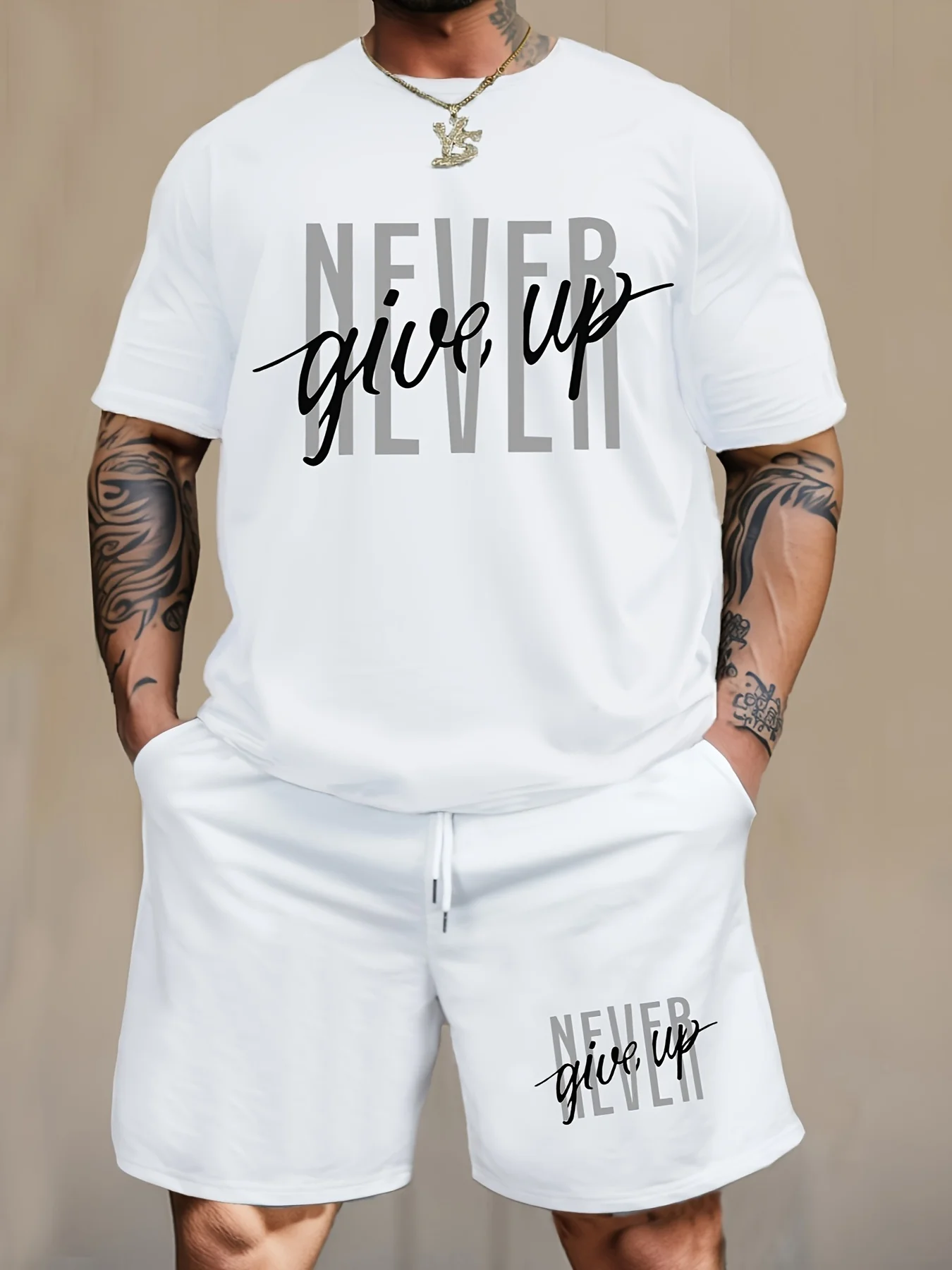 Men's Fashion NEVER GIVE UP Letter Print Loungewear Set, Short Sleeve Crew Neck Graphic T-shirt & Drawstring Shorts