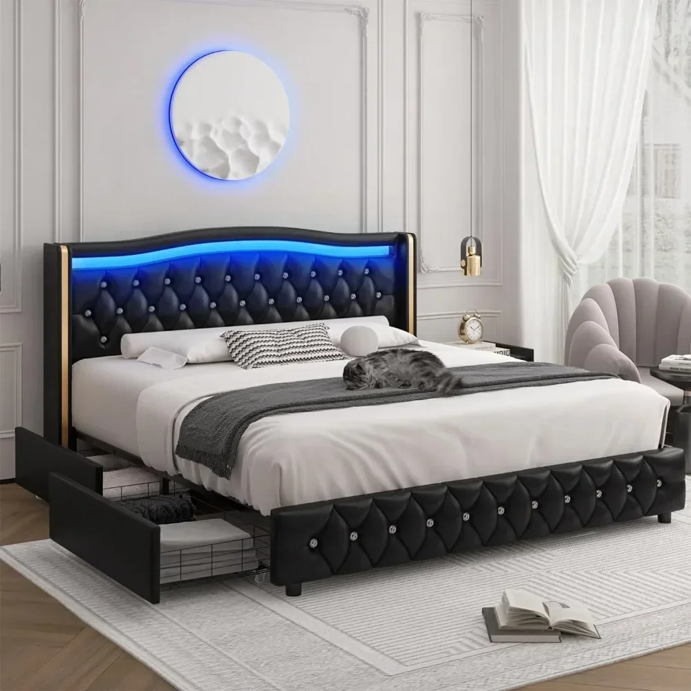 Estrutura de cama de plataforma LED inteligente com 4 gavetas de armazenamento, cabeceira com botão de cristal e acabamento dourado inoxidável, cama pretaLM