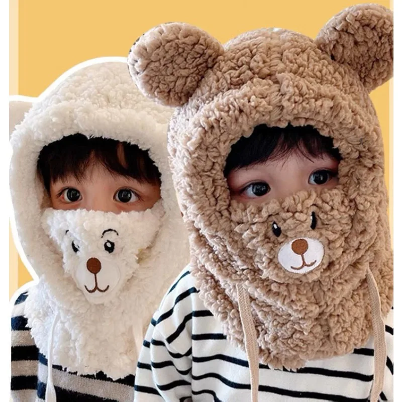 Cute Bear Winter Plush Children Scarf Hat Baby Thick Warm Masked Hood Cap Kids Outdoor Ski Windproof Beanies Neck