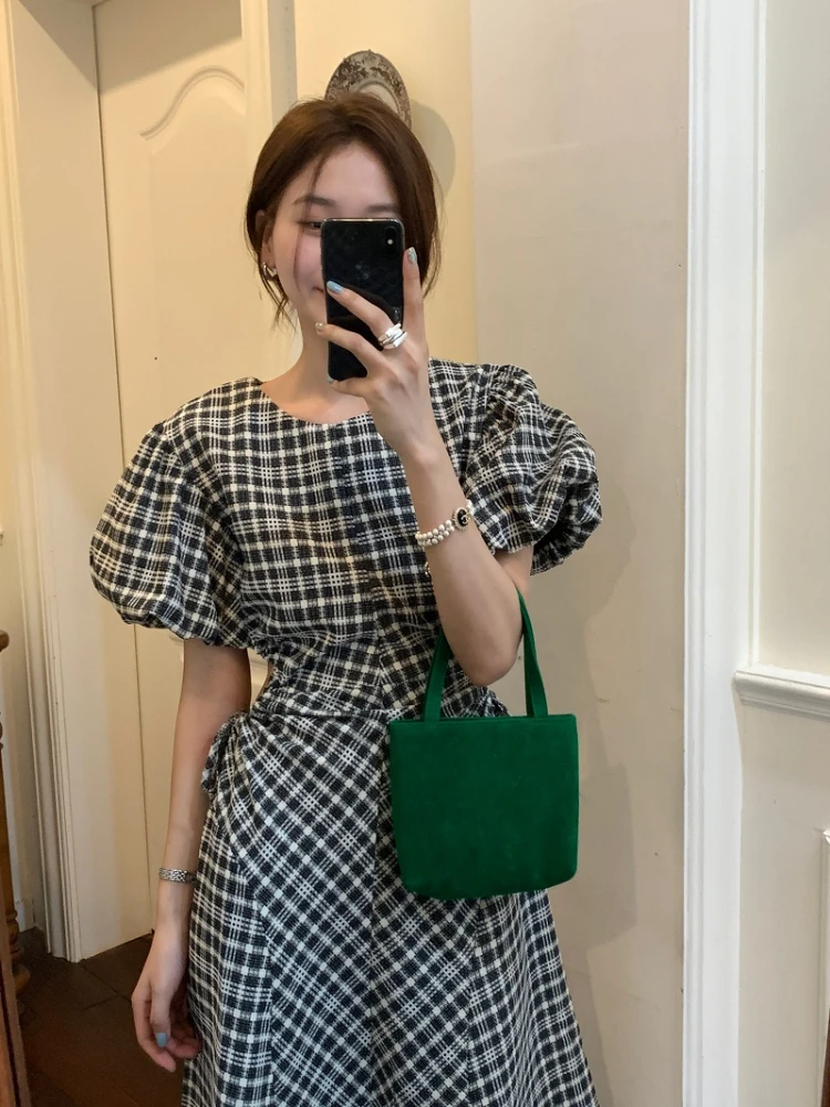 Women\'s Summer Vintage Long Plaid Dress Waist Exposed 2022 Female Puff Sleeve Drawstring Holes A-line Midi Sundress