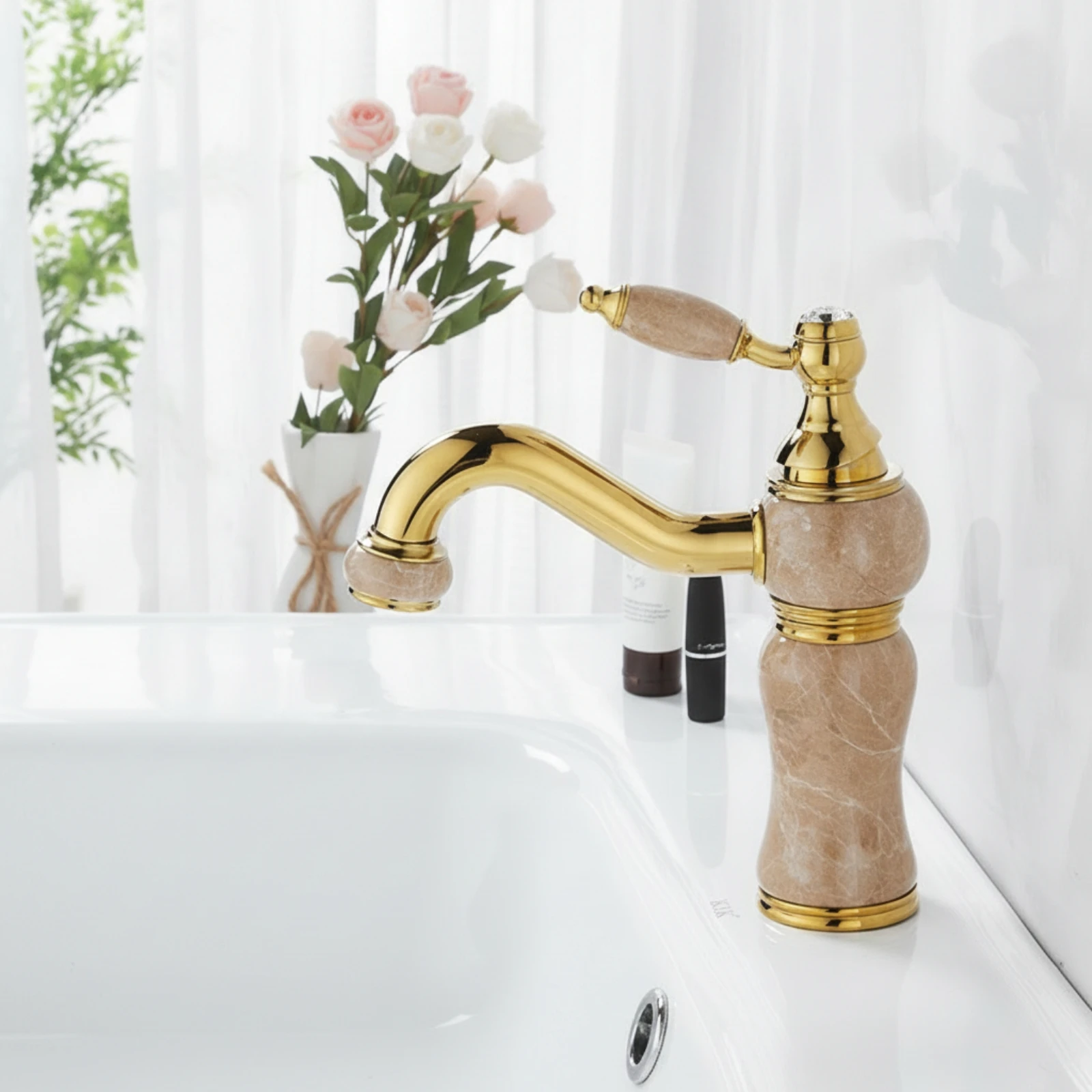 Faucet with Rotating Outlet Glossy Gooseneck Faucet Basin Tap Retro Rotatable for Bathroom, Powder Room