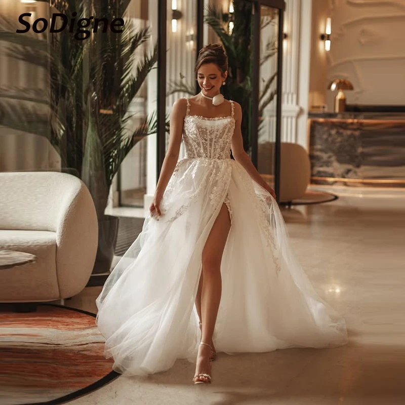 

SoDigne A-line Tulle Wedding Dresses Square Collar Sleeveless Appliques Bridal Dress Long Wedding Gown Robe De Mairee Customized