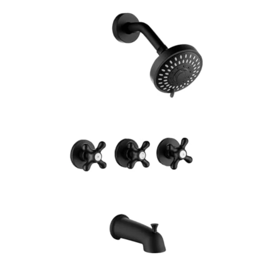 

Tub and shower faucet trim kit for bathroom use, matte black finish, brass valve construction, three-handle design with tub and
