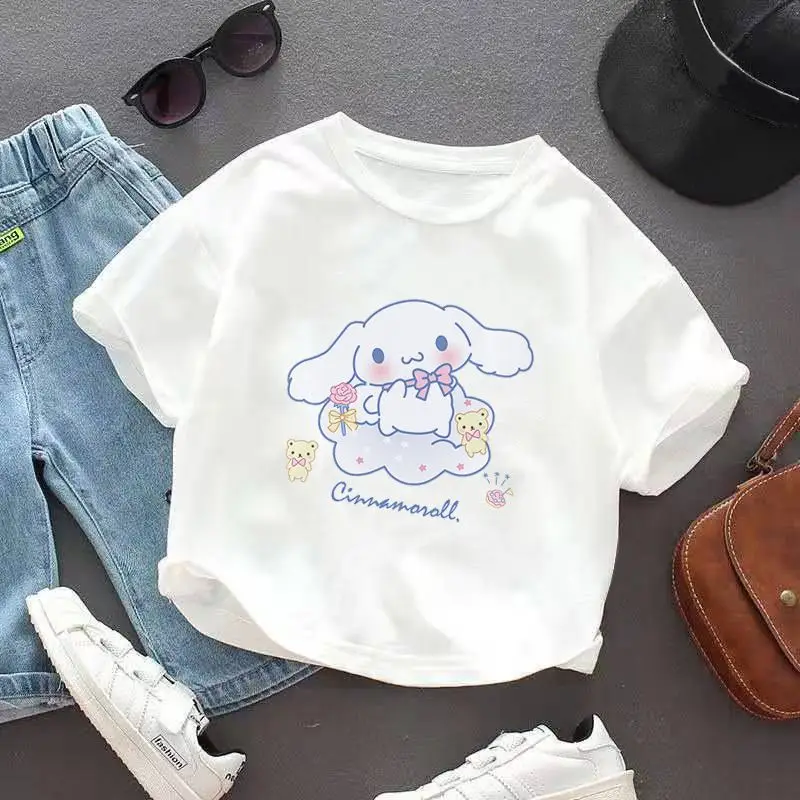 Sanrioed-Camiseta de manga corta de algodón Cinnamoroll para niños y niñas, Kuromi bonita camiseta de dibujos animados, Tops de verano, ropa para niños, regalo absorbente de sudor