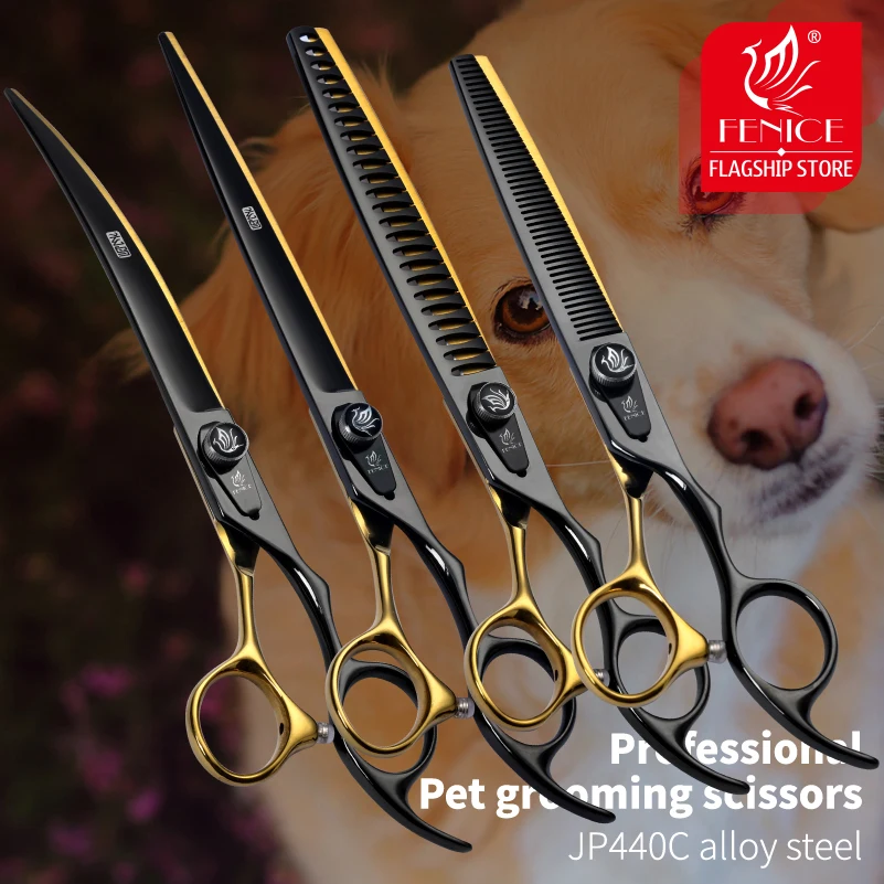 Fenice JP440C Steel 6.5/7/7.5/ 8 Inch Professional Pet Dogs Grooming Scissors Set Straight Curved Thinning Shear Scissors