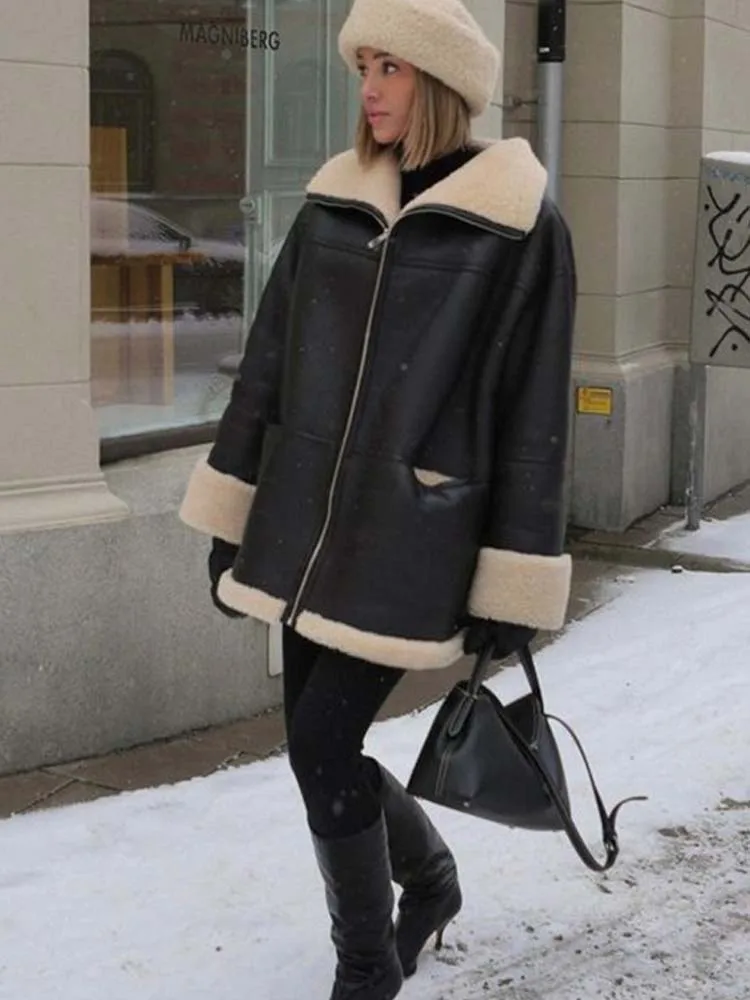 Plush Jackets Women Winter Warm Thick Fur Coat Lady Vintage Fashion Fluffy Overcoat Female Loose Motorcycle PU Jacket Streetwear