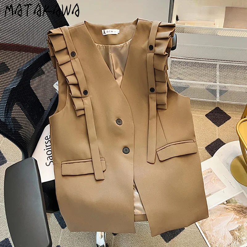 Matakawa Ruffles Jackets Women V Neck Spring Autumn Vintage Loose Chaquetas Korean Fashion Single Breasted Solid Vests Outwears