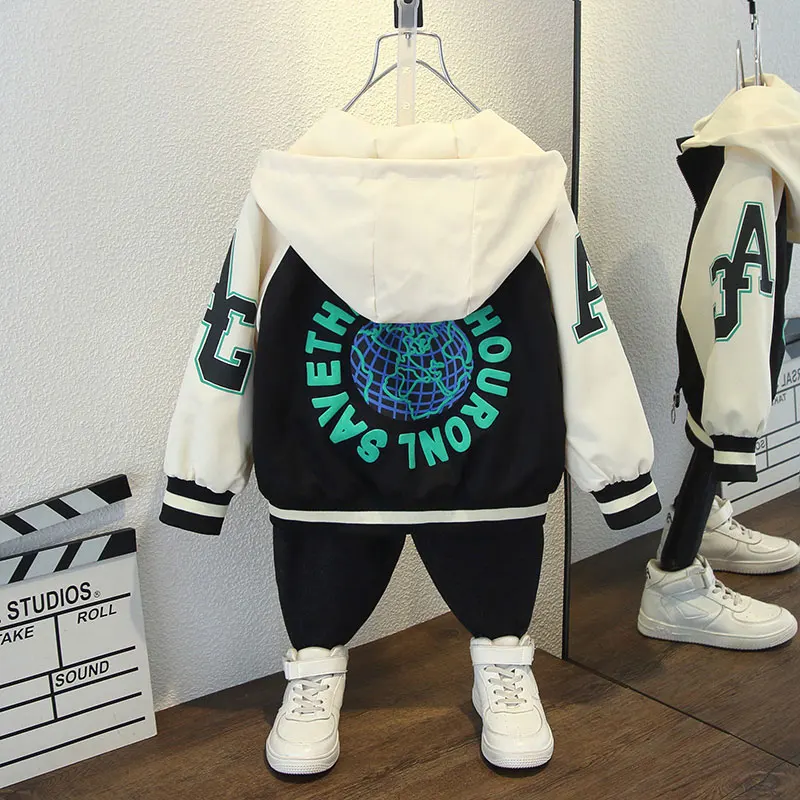 Fashion Boys Color Block Baseball Jacket 2025 Spring Autumn Baby Girl Letter Print Casual Hooded Zipper Coats Kid Clothes 2-12 Y