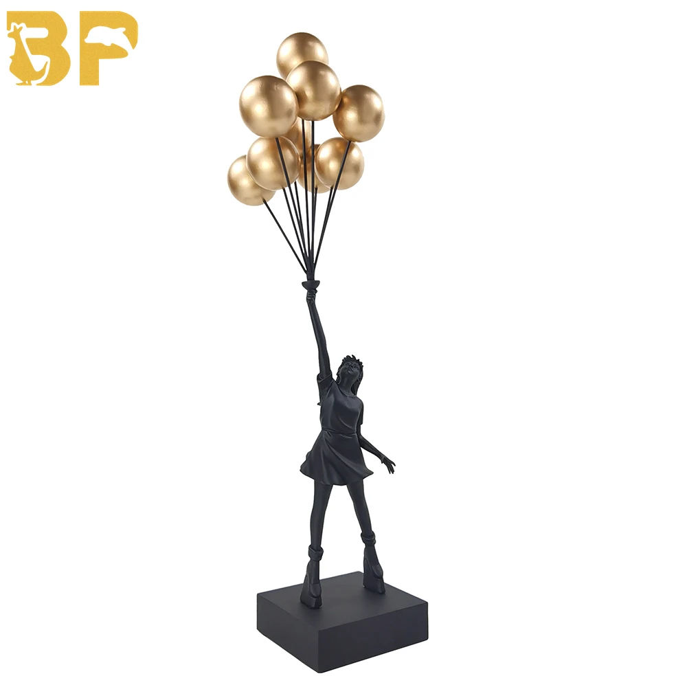 Luxurious Flying Balloons Girl, Banksy Balloon Girl Statues, Art Sculpture, Resin Craft, Home Decoration, White Balloon, 56cm