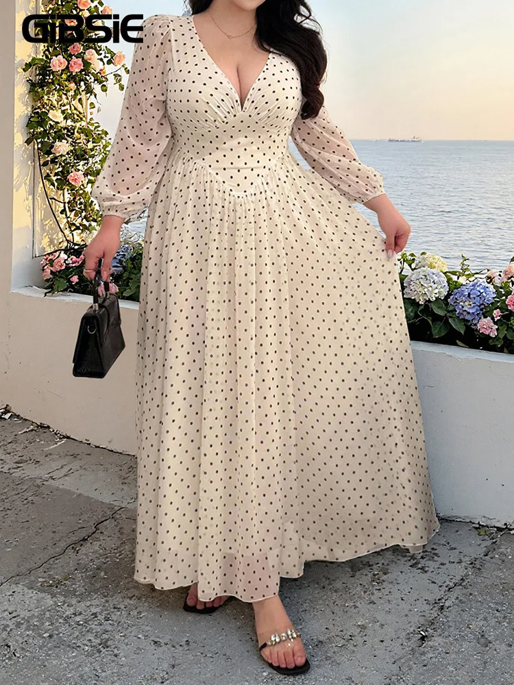 

GIBSIE Plus Size Polka Dot V-Neck Slit Sleeve Dress Women Spring Summer Retro High Waist Vacation Big Swing Maxi Long Dresses