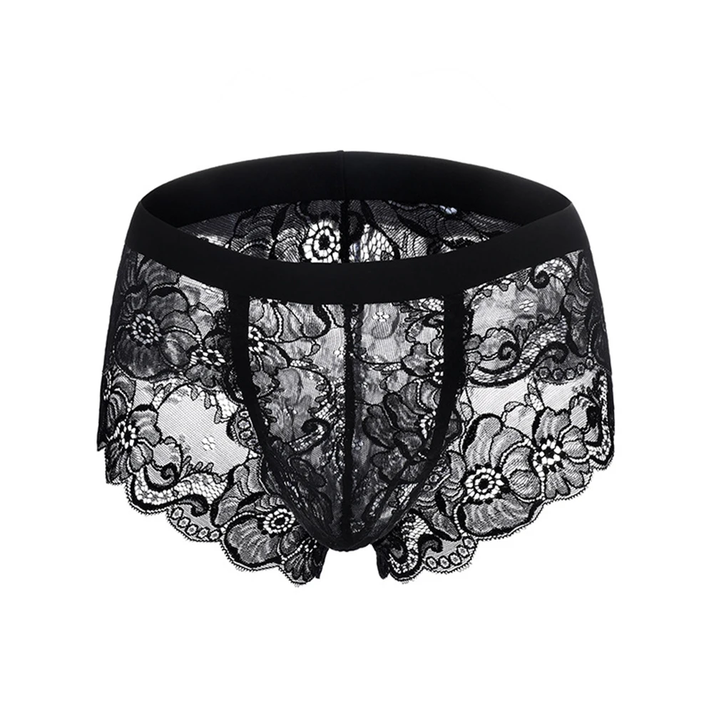 Men Ultra Thin Lace Perspective Panties Bulge Pouch Briefs Floral Lace Sissy Underpants Low Waist Underwear Seductive Lingerie