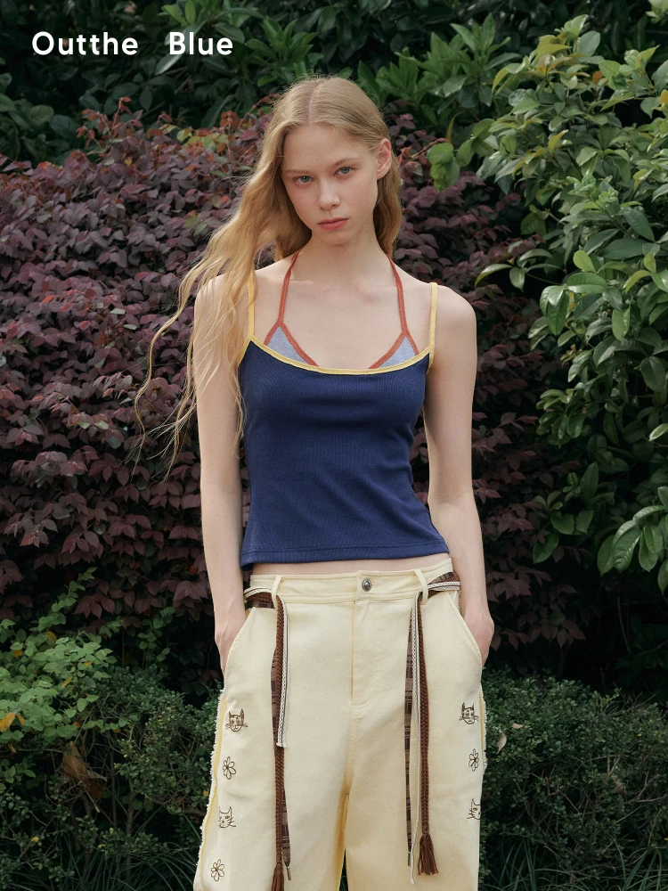 

Outthe Blue Summer New Color Blo Trim Slim Fit Fake Two Piece Hanging Ne Vest Strap Women's Faion Casual Cotton Blend S...