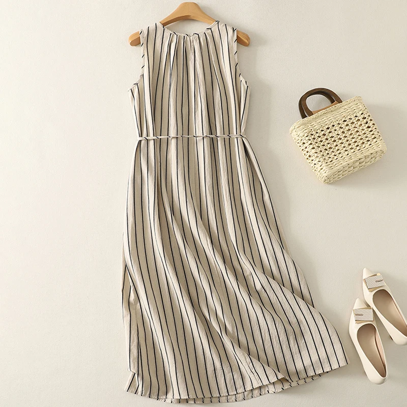المرأة الصيف بوهو نمط مخطط طباعة أكمام القطن فستان كتان مطوي س الرقبة مستقيم البيج ميدي فستان طويل جيب حزام #2