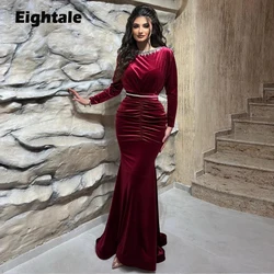 Eightale Velvet Evening Dress for Wedding Party O-Neck Long Sleeves Burgundy Beaded Sexy Pleats Arabic Mermaid Prom Gowns