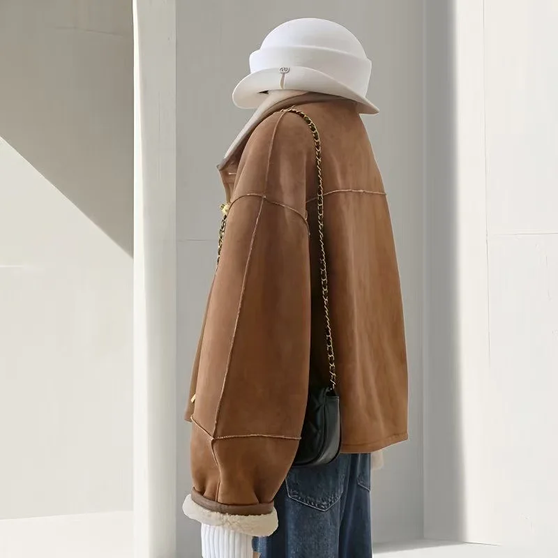 2025 Nuovo stile coreano Moda retrò Caldo addensato Cappotto con cappuccio Giacca invernale da donna con cerniera Giacca in lana d'agnello