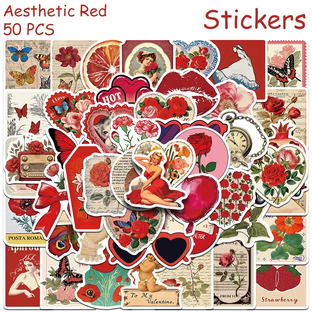 

50pcs Aesthetic Red Stickers Decals For Phone Notebook Suitcase Skateboard Helmet DIY Cartoon Graffiti Stickers Creative Gifts