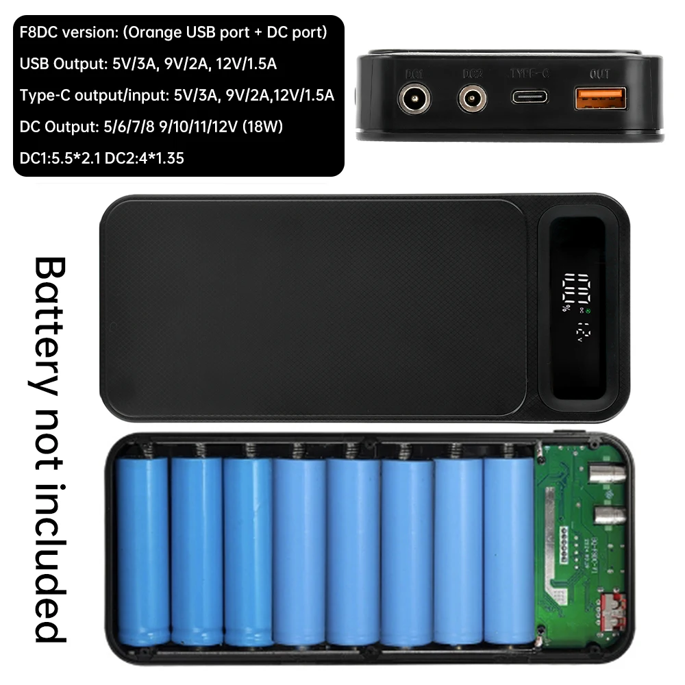 8/10*18650 DIY Battery Case, DC 5–12V Adjustable-Voltage Power Bank Casing, Removable, Solder-Free Power Bank Kit