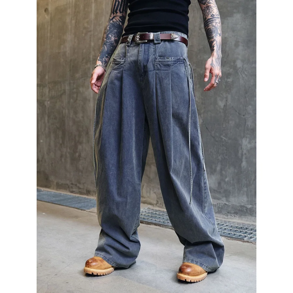

Washed Blue Gray Denim Bending Knife Pants Jeans Men Streetwear Fashion Hip Hop Loose Casual Oversize Wide Leg Baggy Jeans