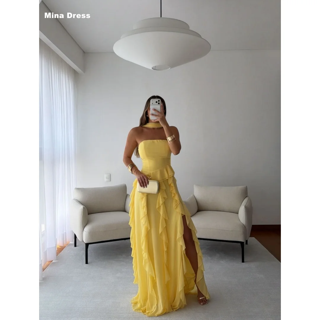 Mina Maßgeschneidertes Gelbes Rüschen-Tube-Top Hochgeschlitztes Ärmelloses Rückenfreies Abendkleid 2026 Luxuriöses Elegantes Damen-Partykleid