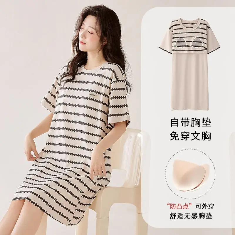 

2026 Summer Short Sleeve Casual Striped 100% Cotton Nightgowns for Women Korean Loose Sleepwear Night Dress Nightdress Nighty