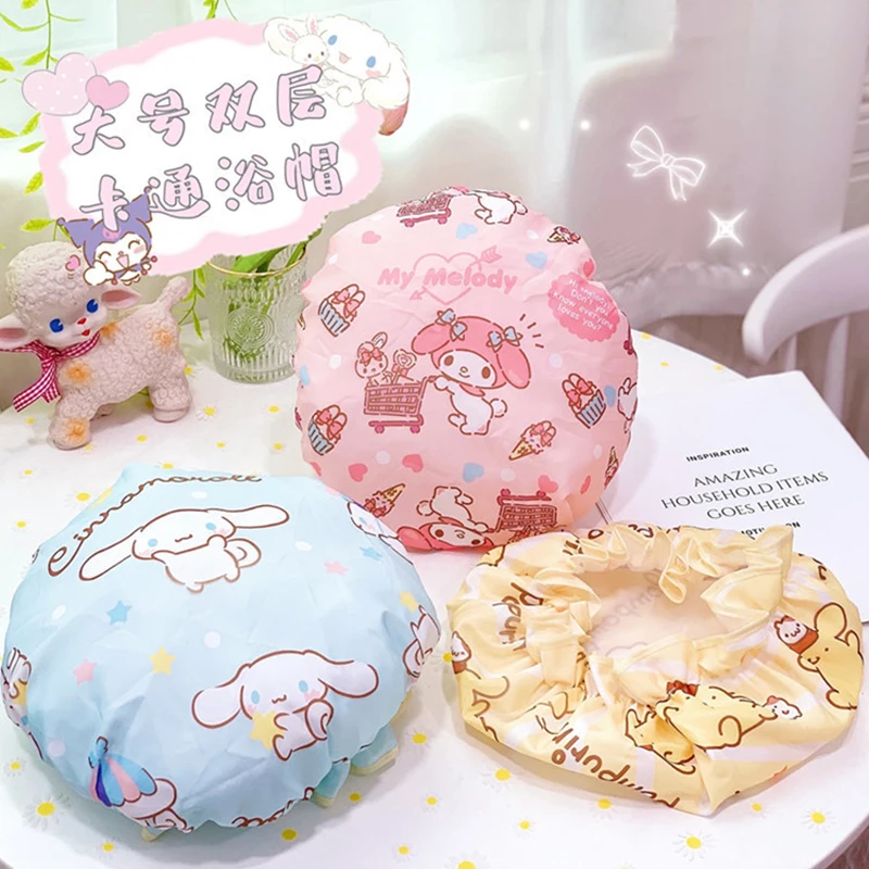 Sanrio Hello Kitty Double-Layer Thickened Large Adult Shower Cap Melody Cinnamoroll Kuromi Wash Care Cap Bath Cap Waterproof Cap