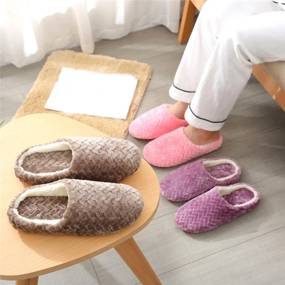 Autumn Winter Furry Couple Slippers Men Women Anti-slip Soft Bottom Silent Floor Indoor Thick Warm Cotton Slippers for Home Use