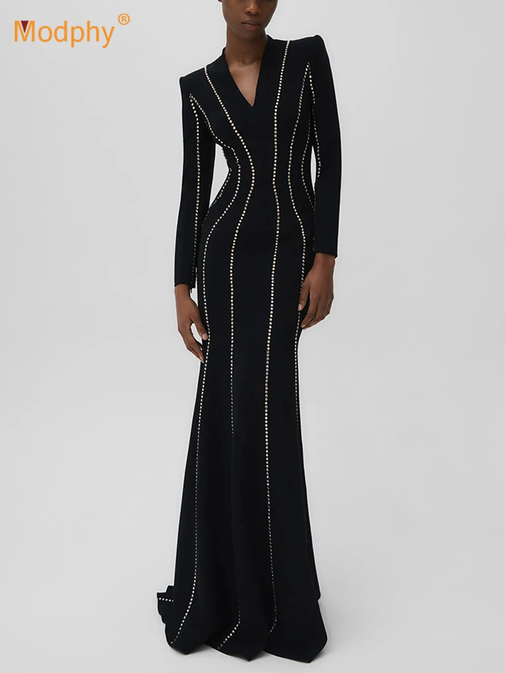 Modphy Black Diamond V-Neck Long Women'S Dress Elegant Long Sleeved V Neck High Waist Formal Dinner Evening Gown Chic Lady 2026