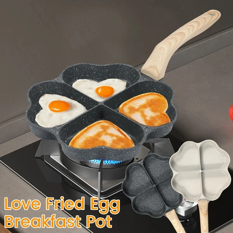 Aluminum Non Stick 4-Cup Heart Egg Pan, Omelet Pancake Cooking Pot, Multi Grid Saucepan for Breakfast Burger Making JJ5066