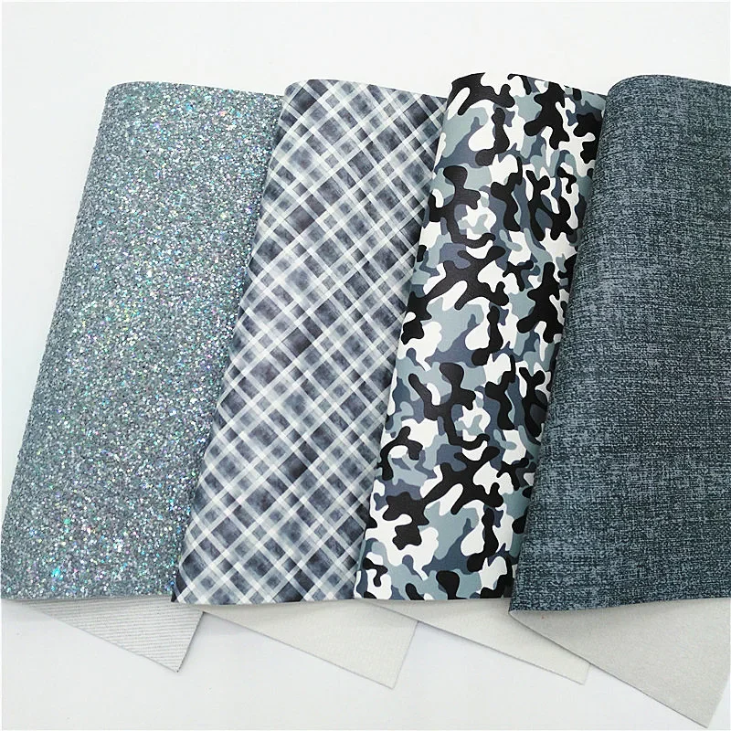 Camouflage Custom Faux Leather Tartans Printed Synthetic Leather Denim Leather Grey Glitter Sheets For Bows DIY 21x29CM Q1085